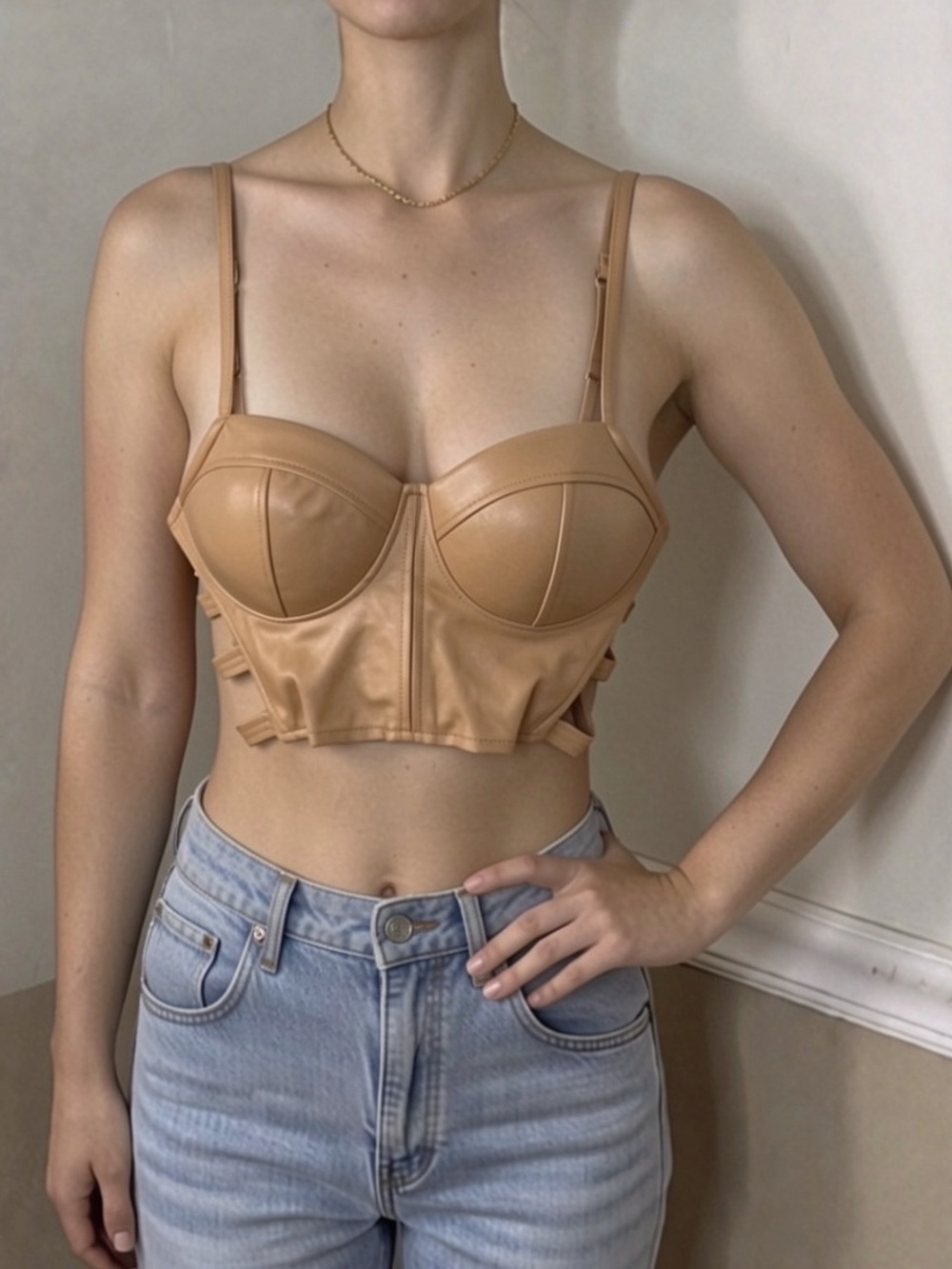 ❤️ 5 for $20! Hesperus Faux Leather Longline Bustier Bra in Tan